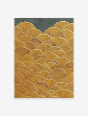 Textured gold wall art print featuring a repeating ginkgo leaf or fan pattern on a dark grey background.