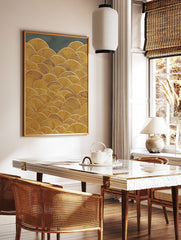 Textured gold wall art print featuring a repeating ginkgo leaf or fan pattern on a dark grey background. - Image 2