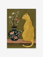 Golden cat wall art illustration looking at a dark floral vase with red and white flowers on a striped surface with a green background.
