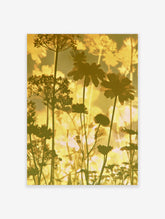 Golden floral silhouette art print with dark botanical stems and blooms on a warm yellow background