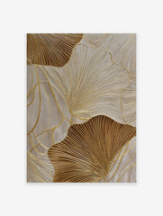 Golden ginkgo leaf abstract wall art with textured lines on a light neutral background, featuring metallic accents.