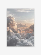 Photographic print of voluminous clouds bathed in warm golden and peach light at sunrise or sunset