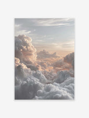 Photographic print of voluminous clouds bathed in warm golden and peach light at sunrise or sunset