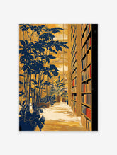 Golden and blue library wall art featuring potted plants and bookshelves filled with books by a window.