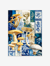 Golden yellow mushrooms and fungi on a blue and white botanical patchwork background with script details