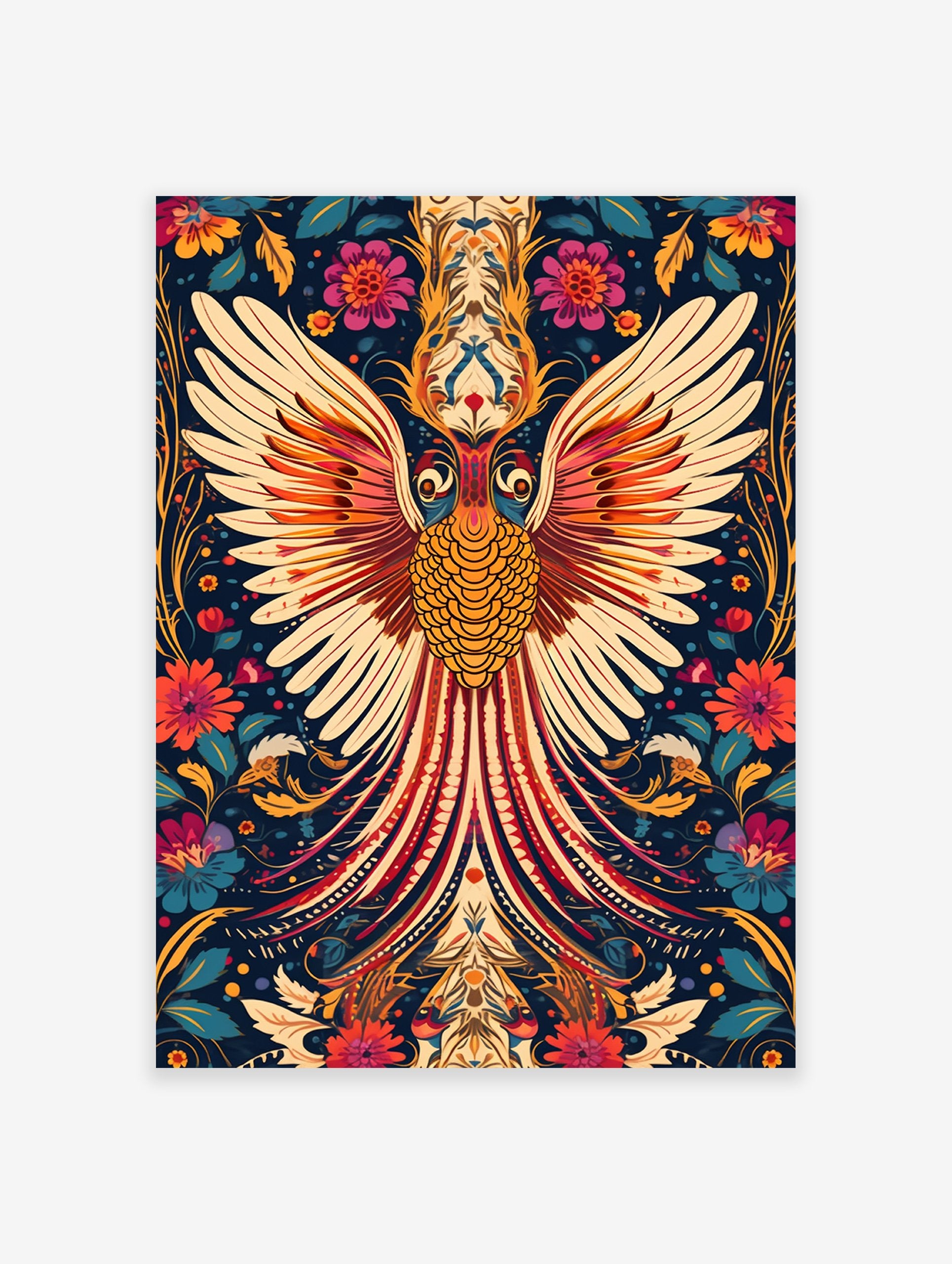 Golden Phoenix poster with spread wings, intricate scales, and a vibrant blue background with colorful floral patterns.