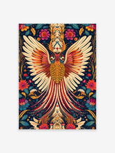 Golden Phoenix poster with spread wings, intricate scales, and a vibrant blue background with colorful floral patterns.