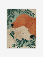 Illustrative Golden Retriever art print showing two sleeping dogs, one reddish-brown and one cream, surrounded by green leaves.