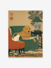 Golden retriever dog reading a book in an armchair with a white cat in a Japanese Ukiyo-e style art print, on a beige background.