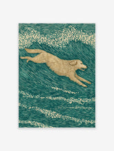 Golden Retriever dog swimming through stylised teal ocean waves in an illustrative print