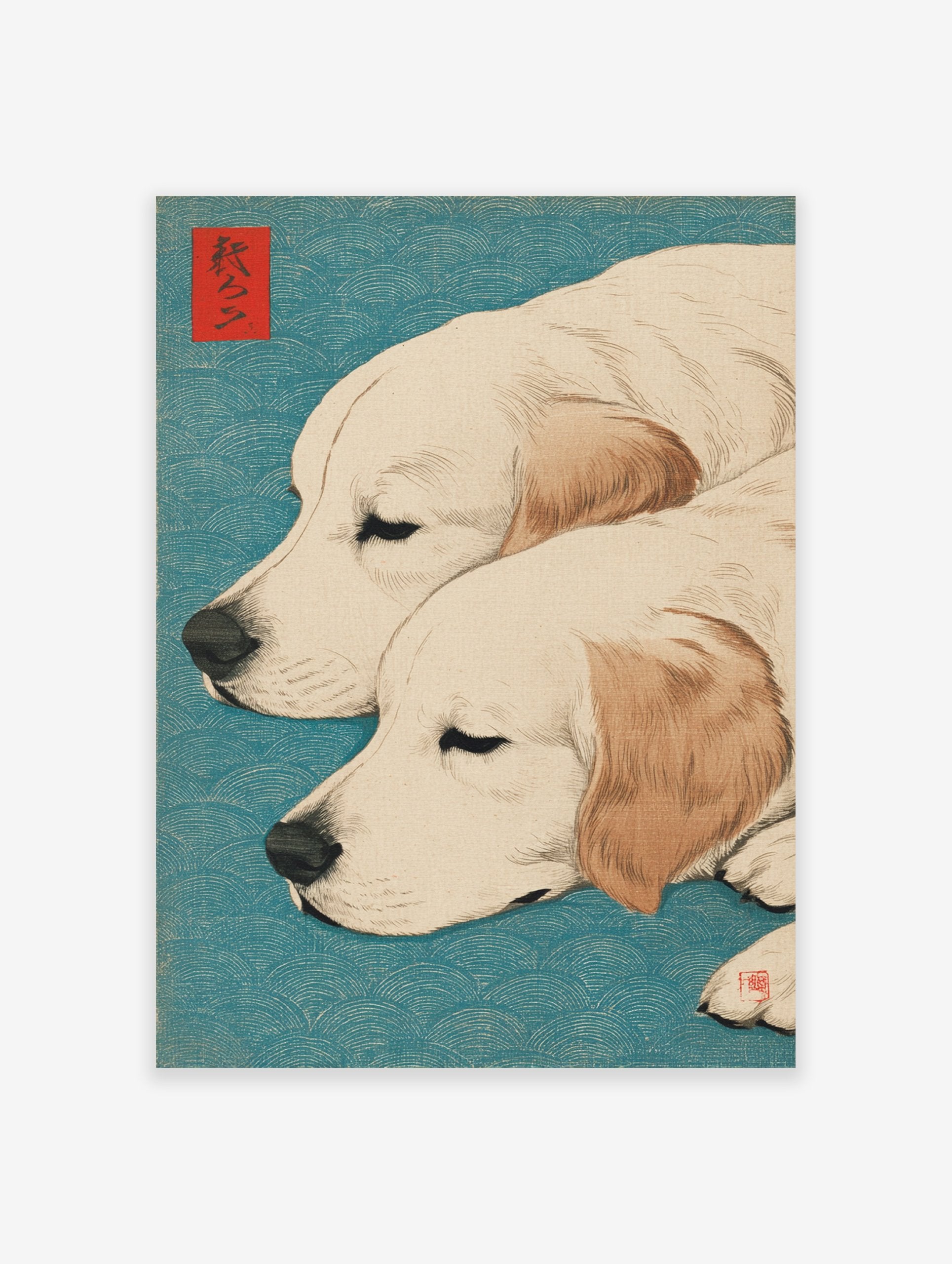 Japanese Ukiyo-e style art print of two sleeping Golden Retriever dogs with a blue wave pattern background and red seals