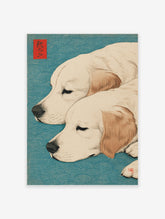 Japanese Ukiyo-e style art print of two sleeping Golden Retriever dogs with a blue wave pattern background and red seals