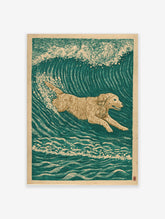 Illustrative print of a golden retriever dog swimming through a large, curling teal ocean wave with white spray