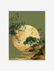 Golden sun or moon over a green landscape with trees, foliage, water, and a bird in flight