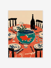 Illustrative wall art of an orange goldfish in a teal fishbowl on a red dining table set with plates and glasses