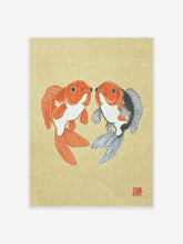 Japanese goldfish wall art print featuring two orange and black goldfish on a beige textured background.