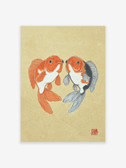 Japanese goldfish wall art print featuring two orange and black goldfish on a beige textured background.