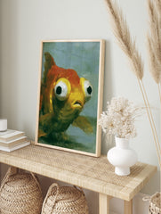 Close-up painterly illustration of a goldfish with large eyes, orange and yellow scales, and, in an alternate framed mockup