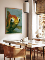 Close-up painterly illustration of a goldfish with large eyes, orange and yellow scales, and a, in a styled room mockup