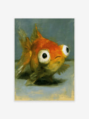 Close-up painterly illustration of a goldfish with large, expressive eyes on a grey background