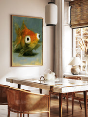 Close-up painterly illustration of a goldfish with large, expressive eyes on a grey background, in a styled room mockup