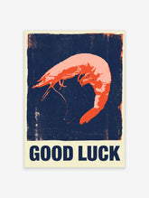 Retro shrimp poster with pink crustacean and GOOD LUCK text on navy background