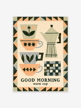 Retro kitchen poster with four patterned cups, green moka pot, checkered potholder, and Good Morning text