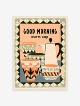 Retro kitchen poster with 'Good Morning warm cup' text and patterned mugs, jug and cup on peach and blue background
