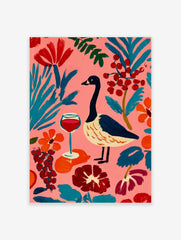 Colourful illustrative wall art of a goose, red wine glass, and abstract botanical elements on a pink background