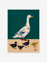 Illustrative print of a white goose with blue wings and four ducklings, three black and one yellow, on a teal background