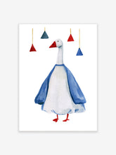 Watercolour goose in blue jumper with red beak and feet, hanging triangle shapes above