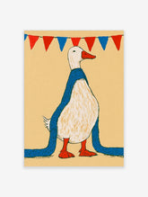White goose wearing a blue scarf under red and blue bunting on beige background