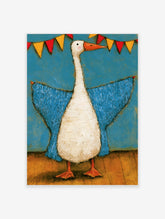 Quirky goose art print with blue wings and bunting on teal background