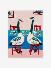 Modern goose wall art painting showing two green and white geese sitting at a blue table with pink background