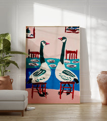 Modern goose wall art painting showing two green and white geese sitting at a blue table with pink background - Image 3