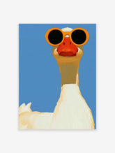 A white goose wearing large orange sunglasses against a solid blue background, illustrative animal art print