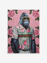 Gorilla Fashion Poster in a floral shirt and sunglasses against a pink background with roses and green leaves.