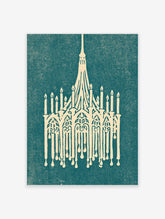 Gothic cathedral formed by candles, cream silhouette on teal background, unframed paper print