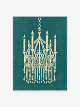 Gothic chandelier with candles and tracery in cream on green background, ornate wall art print