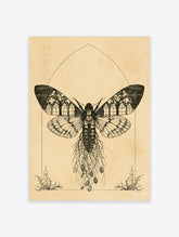 Gothic moth art print with stained glass wings, root body, candles and thorns on tan background