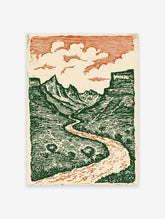 Illustrated Grand Canyon landscape wall art print featuring green mountains, a reddish-orange winding river, and clouds.