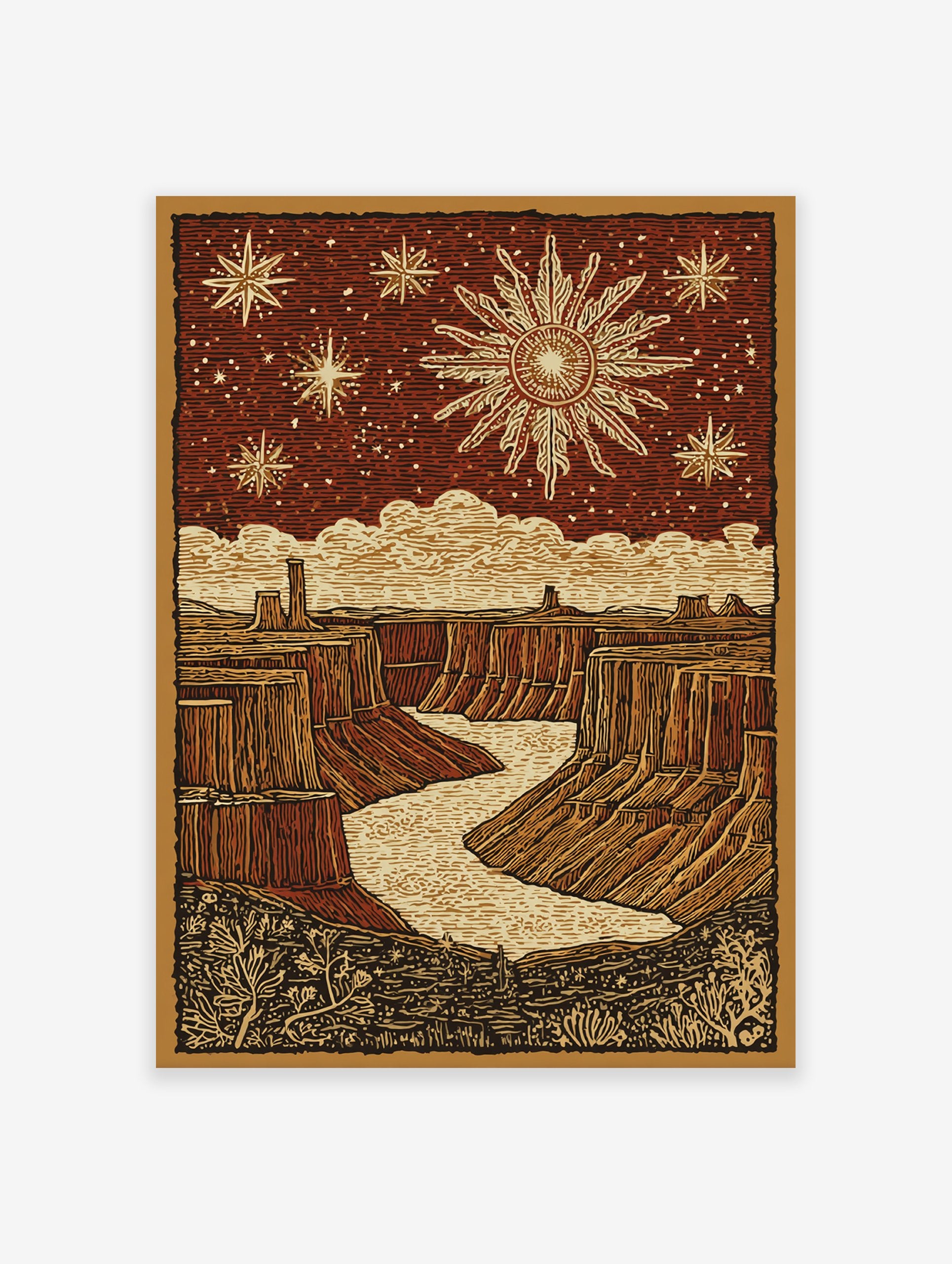 Illustrative Grand Canyon poster with a river, desert landscape, prominent sun, and stars in a deep red sky.