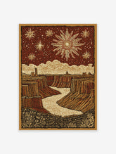 Illustrative Grand Canyon poster with a river, desert landscape, prominent sun, and stars in a deep red sky.