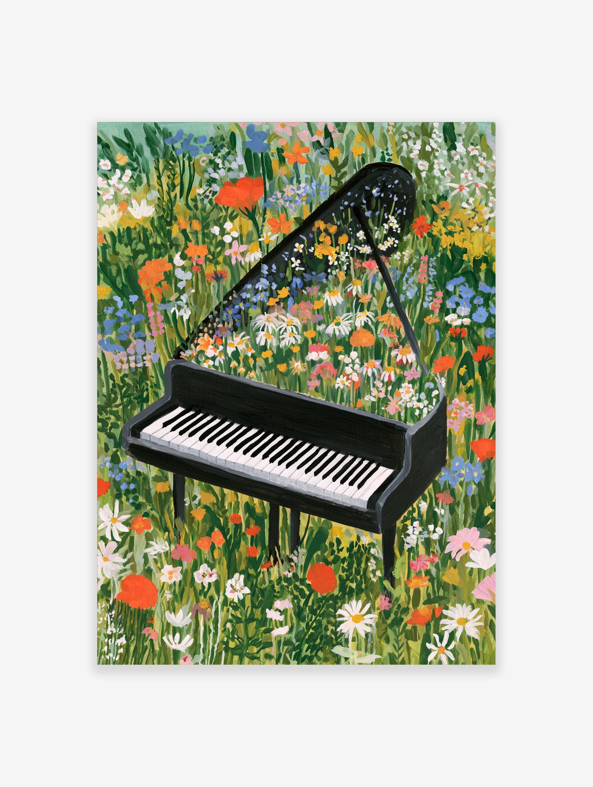 Grand piano with vibrant wildflowers growing from the open lid in a lush meadow, illustrative botanical art print