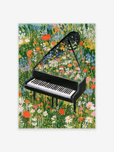 Grand piano with vibrant wildflowers growing from the open lid in a lush meadow, illustrative botanical art print