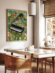 Grand piano with vibrant wildflowers growing from the open lid in a lush meadow, illustrative, in a styled room mockup