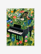 Grand piano overflowing with colourful wildflowers and lush green foliage, illustrative botanical art print