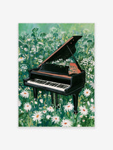 Grand piano sitting in a field of white daisies and green meadow foliage, illustrative botanical wall art print