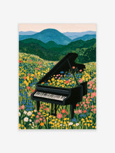 Black grand piano sitting in a meadow of colourful wildflowers with mountains in the background, illustrative art print
