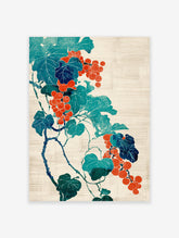 Grape vine botanical poster with teal leaves and orange grapes in a Japanese woodblock style print.